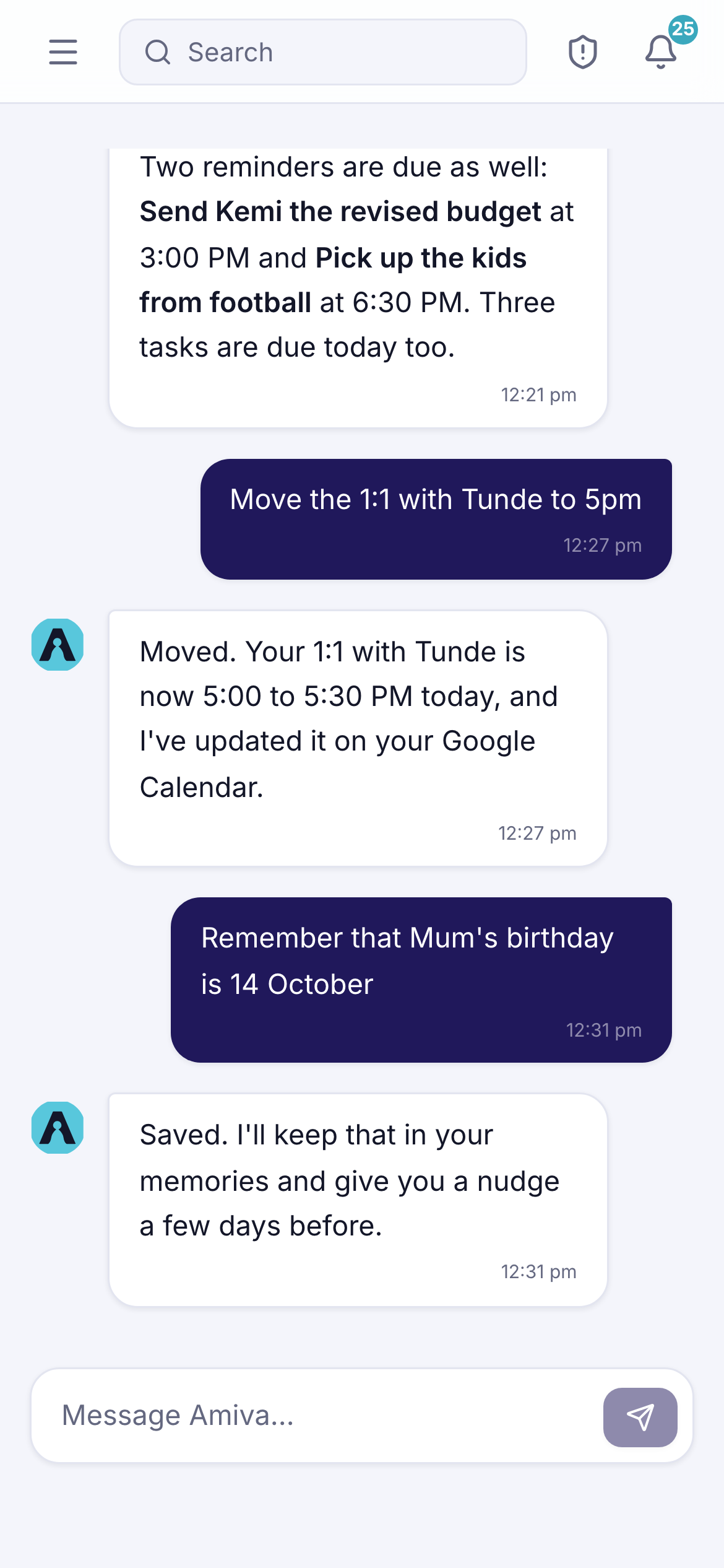 The Amiva web app's Chat screen showing a conversation continued from WhatsApp: a rent reminder set, today's meetings summarised, a 1:1 moved to 5pm and a birthday saved to memories