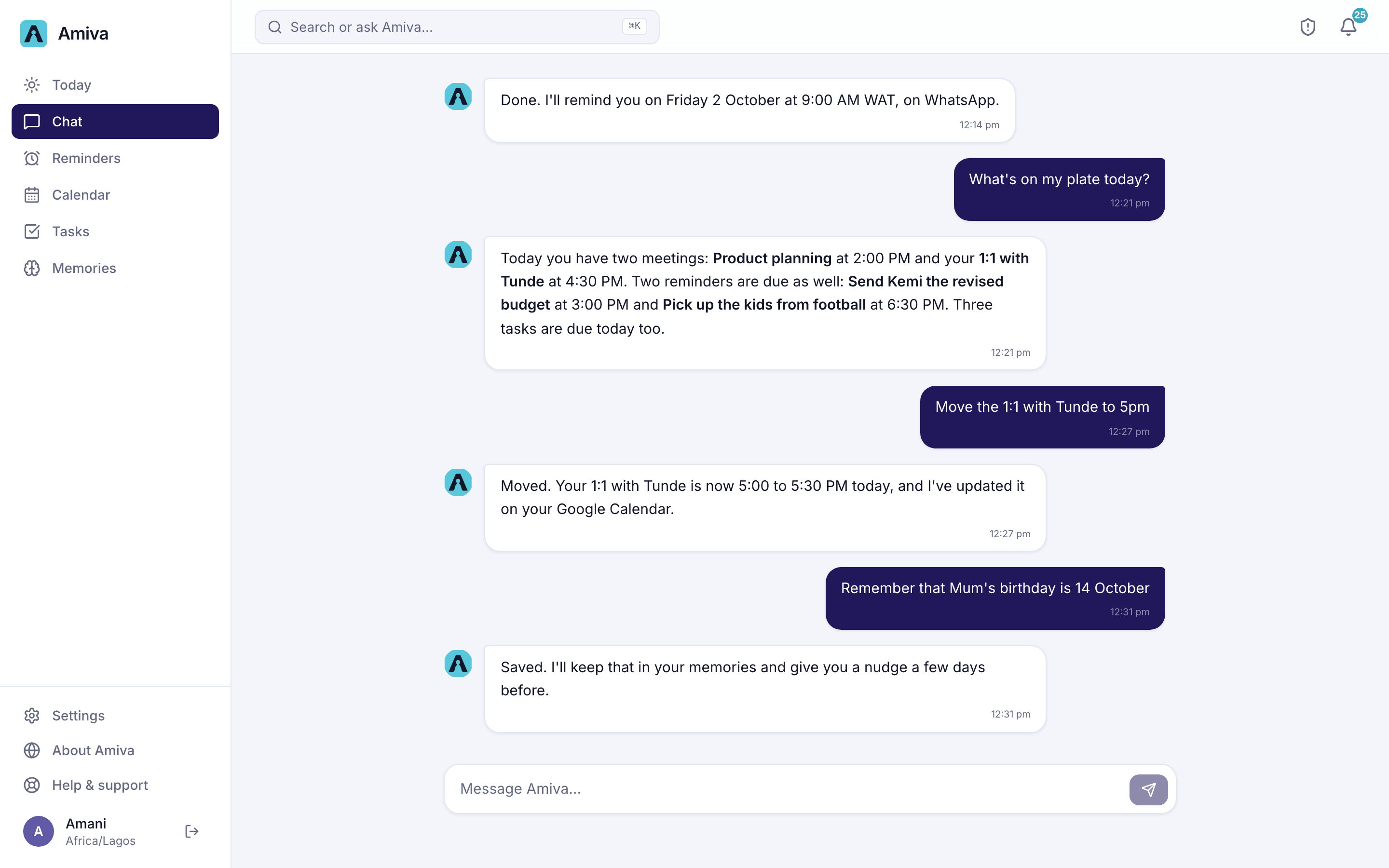 The Amiva web app's Chat screen showing a conversation continued from WhatsApp: a rent reminder set, today's meetings summarised, a 1:1 moved to 5pm and a birthday saved to memories
