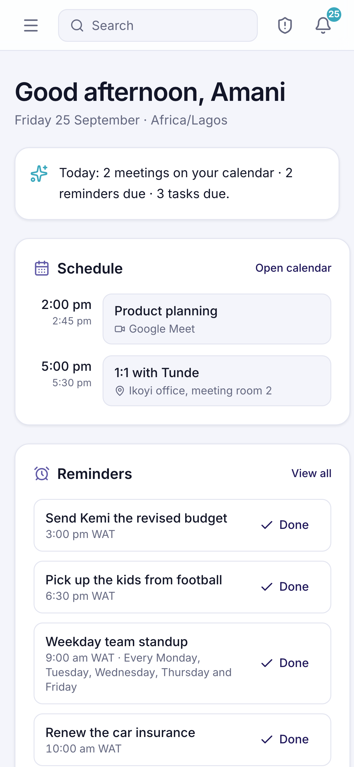 The Amiva web app's Today screen: a greeting, a one-line summary of the day, and three columns for the schedule, reminders due and tasks due